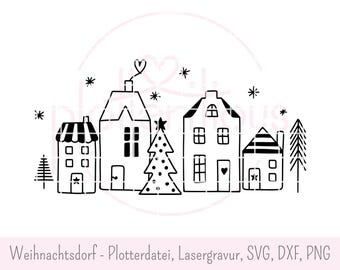 Christmas village - plotter file, laser engraving, SVG, DXF, PNG, commercial use, Christmas, winter landscape, town, houses, cottages