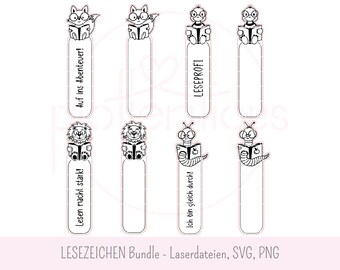 BOOKMARK-bundel - 10 laserbestanden, SVG, PNG, commercieel gebruik, terug naar school, cadeau voor schoolkegels, leeshulpmiddel voor kinderen, dieren lezen