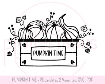 pompoentijd - plotterbestand, 2 versies: zwart-wit en kleur, SVG, PNG, pompoenen, pompoenoogst, groentekist, pompoen in doos, commercieel