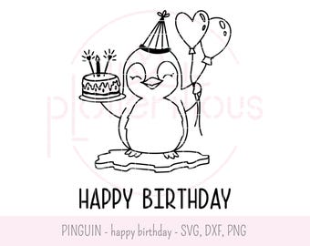 Penguin - Happy Birthday, SVG, DXF, PNG, plotterbestand, lasergravering, verjaardagscadeau, verjaardagskaart, taart, commercieel gebruik