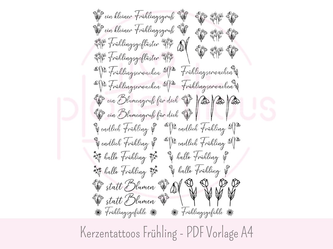 Candle Tattoos Spring - PDF Template A4 Spring Flowers Candle Stickers ...