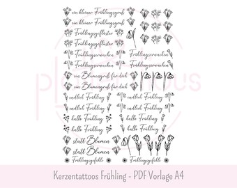 Candle tattoos spring - PDF template A4 spring flowers candle stickers water slide film tulips, snowdrops, spring greetings, commercial