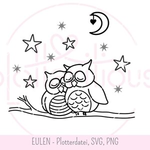 EULEN - Plotterdatei, SVG, PNG, Sterne, Mond, Herz, Eulenpaar, Nachteulen, Herbst, Eulen Comic Umriss, kommerzielle Nutzung