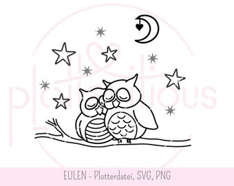 OWLS - fichier traceur, SVG, PNG, étoiles, lune, cœur, paire de hiboux, oiseaux de nuit, automne, contour comique de hiboux, utilisation commerciale