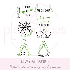 May include: A set of New Year's Eve themed SVG cut files for crafting. The designs include champagne glasses, fireworks, pigs, and text that says "Happy New Year", "Prosit 2024", "Viel Gl&uuml;ck", "Du bist der Knaller", "Kiss me at midnight", "2024", and "Cheers 2024".