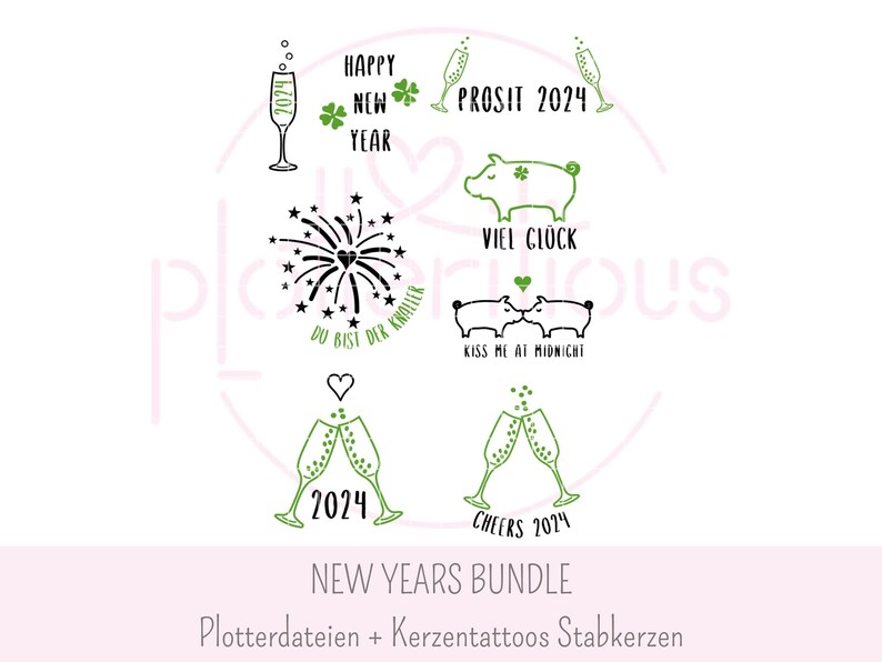 May include: A set of New Year's Eve themed SVG cut files for crafting. The designs include champagne glasses, fireworks, pigs, and text that says "Happy New Year", "Prosit 2024", "Viel Gl&uuml;ck", "Du bist der Knaller", "Kiss me at midnight", "2024", and "Cheers 2024".