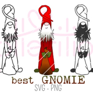 May include: Three gnomes, one in red, one in white, and one in black, each holding a sack. The text "best GNOMIE SVG - PNG" is below the gnomes.