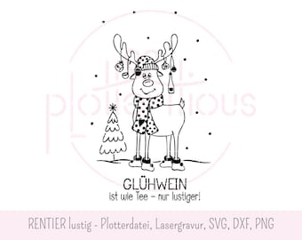 Grappig dronken rendier - plotterbestand lasergravure svg dxf png glühwein kerstpunchstandaard commercieel gebruik schattige geestige strip