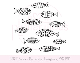 FISH Bundle - Plotterbestand, lasergravering, SVG PNG, commercieel gebruik, getekende vis, omtrek, clipart, maritiem, patroon, grafisch