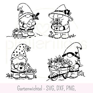 Könnte beinhalten: Schwarz-weiße Strichzeichnung von vier Gartenzwergen bei verschiedenen Gartenarbeiten. Ein Zwerg hält eine Karotte, ein anderer einen Blumentopf, ein dritter gießt Blumen und der letzte schiebt eine Schubkarre mit Erzeugnissen. Der Text "Gartenwichtel" steht unten.