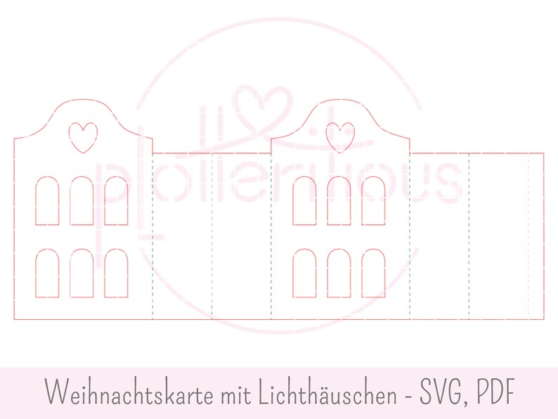 Op de afbeelding: Een printbare sjabloon voor een kerstkaart met twee huizen met ramen en harten. De tekst "Weihnachtskarte mit Lichth&auml;uschen - SVG, PDF" staat onderaan de afbeelding.