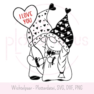 May include: Black and white illustration of a couple of gnomes holding a heart-shaped balloon with the text "I love you".