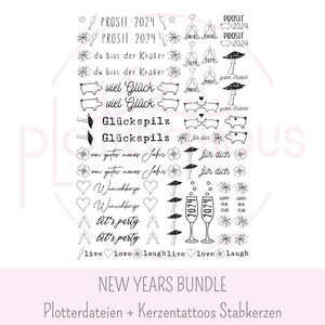 May include: Black and white digital download of New Year's Eve themed illustrations. The illustrations include text such as "Prosit 2024", "Happy New Year", "Let's Party", "Live Love Laugh", and "Gl&uuml;ckspilz".