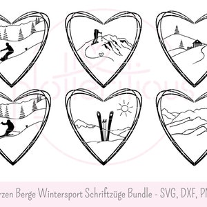 Pacchetto lettere Hearts Mountains Winter Sports - file plotter, SVG, DXF, PNG, sci, snowboarder, tour sugli sci, montagne, uso commerciale