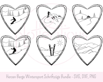 Hearts, Mountains, Winter Sports, Lettering Bundle - Plotter file, SVG, DXF, PNG, skiing, snowboarder, ski tour, mountains, commercial use