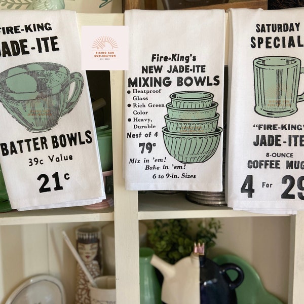 Jadeite Tea Towel, Jadite Advertisement Towel, Vintage Style Home Decor, Fire King Jadeite Tea Towel Decor, Vintage Lover Gift Ideas