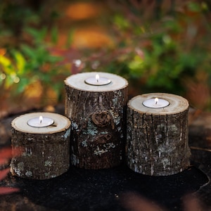 Wood Tealight Candle Holders Set of 3, Wedding Table Centerpieces, Organic Rustic Log Stumps, Farmhouse Home Decor