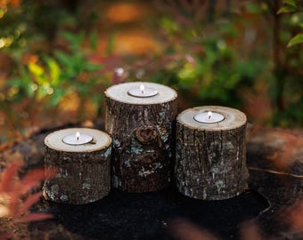 Wood Tealight Candle Holders Set of 3, Wedding Table Centerpieces, Organic Rustic Log Stumps, Farmhouse Home Decor