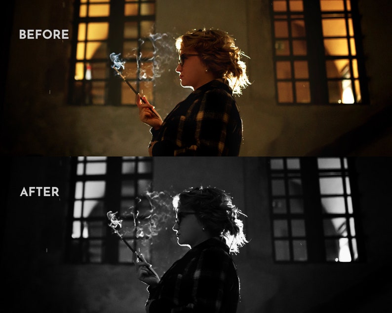 May include: A before and after image. The top image shows a person in silhouette holding a smoking wand, with the text "BEFORE". The bottom image, labeled "AFTER", is a black and white version of the same scene.