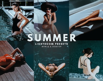 May include: A collage of images featuring people enjoying summer by the pool. The images are styled with a vintage, warm color palette. The text "SUMMER LIGHTROOM PRESETS MOBILE & DESKTOP" is displayed in the center of the collage.