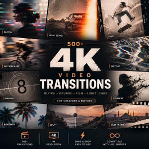 Puede incluir: Un producto digital que presenta 500+ 4K Video Transitions para creadores y editores. El gráfico muestra varios efectos visuales, incluyendo glitch, light leaks, film, motion blur, distort, grunge, dissolve, RGB shift, split y film frame.