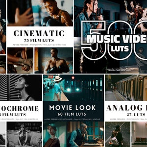 May include: A digital collection of 500 music video LUTs and various film LUT sets including Cinematic, Monochrome, Movie Look, and Analog Film. The image features a collage of diverse scenes such as boxers, musicians, and urban subway settings.