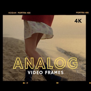 May include: A film-style image with a black border featuring the text "ANALOG VIDEO FRAMES" in yellow. The image shows a person wearing a red jacket, a floral skirt, and black boots on a sandy beach. The text "4K" is also visible.