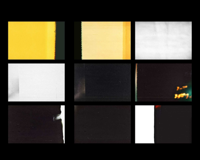 Pode incluir: Uma cole&ccedil;&atilde;o de nove texturas de filme diferentes, incluindo amarelo, branco e preto. As texturas est&atilde;o em um formato de grade, com tr&ecirc;s linhas e tr&ecirc;s colunas.