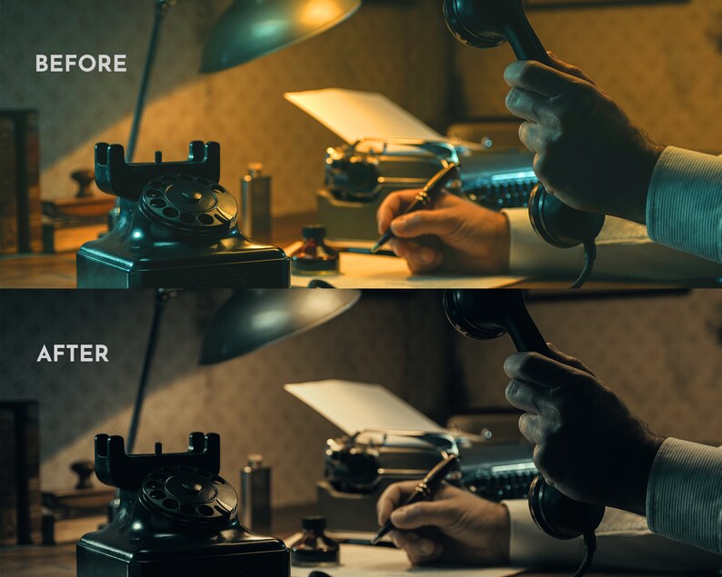 May include: Image comparison showing "BEFORE" and "AFTER" effects. The scene features a vintage black rotary phone, a typewriter, and a person writing with a pen. The lighting changes from warm to cool, altering the overall mood of the scene.