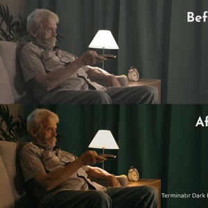 Pode incluir: Imagem dividida mostrando uma compara&ccedil;&atilde;o de antes e depois. A metade superior, rotulada como "Antes", mostra uma pessoa mais velha em um sof&aacute; com um controle remoto. A metade inferior, rotulada como "Depois", mostra a mesma cena com ilumina&ccedil;&atilde;o aprimorada. Texto: "Terminatir Dark Fate Lut."