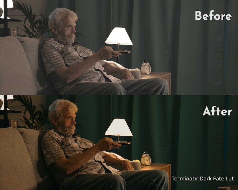Pode incluir: Imagem dividida mostrando uma compara&ccedil;&atilde;o de antes e depois. A metade superior, rotulada como "Antes", mostra uma pessoa mais velha em um sof&aacute; com um controle remoto. A metade inferior, rotulada como "Depois", mostra a mesma cena com ilumina&ccedil;&atilde;o aprimorada. Texto: "Terminatir Dark Fate Lut."