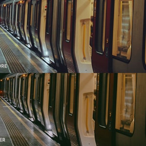 May include: A before and after image showing the difference in lighting and color tone. The image shows a train car with doors and windows. The top image is labeled "BEFORE" and the bottom image is labeled "AFTER".
