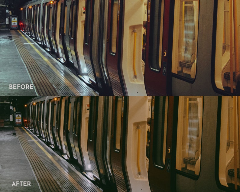 May include: A before and after image showing the difference in lighting and color tone. The image shows a train car with doors and windows. The top image is labeled "BEFORE" and the bottom image is labeled "AFTER".