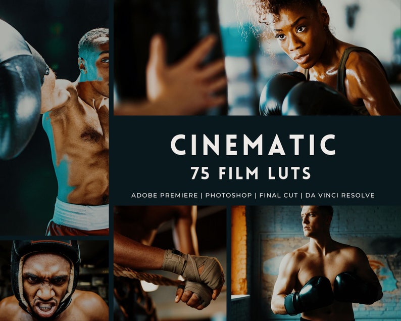 May include: A collage of images featuring people boxing, with the text "CINEMATIC 75 FILM LUTS ADOBE PREMIERE | PHOTOSHOP | FINAL CUT | DA VINCI RESOLVE" at the center.