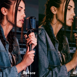 May include: A side-profile shot of a person holding a vintage microphone. The person is wearing a denim jacket and large hoop earrings. The image has the text "Before" and "After" at the bottom.