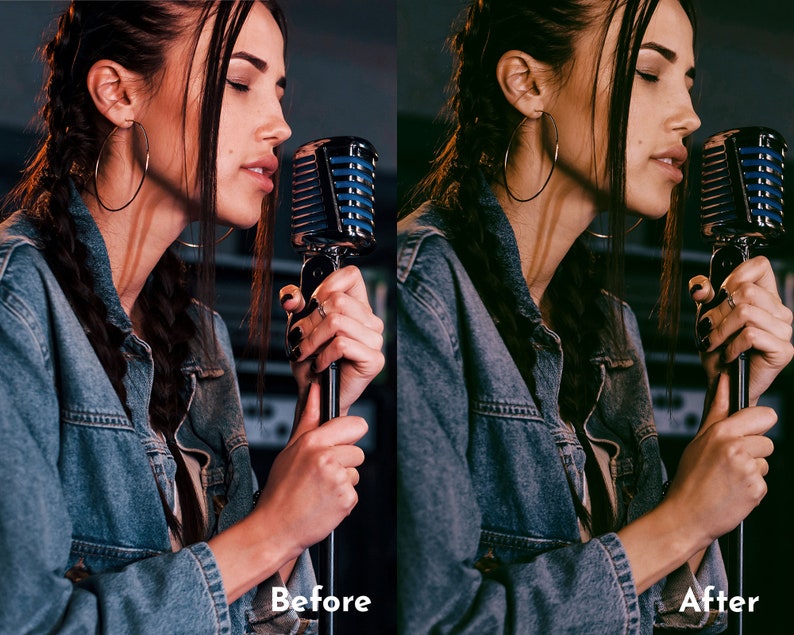 May include: A side-profile shot of a person holding a vintage microphone. The person is wearing a denim jacket and large hoop earrings. The image has the text "Before" and "After" at the bottom.