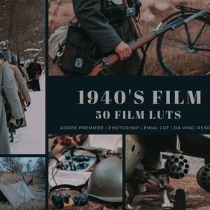 May include: A collage of images with a 1940's film theme. The images include a group of people in winter clothing, a soldier holding a rifle, a bicycle, a tent in a field, a vintage microphone, a military aircraft, and a text overlay that reads "1940'S FILM 50 FILM LUTS ADOBE PREMIERE | PHOTOSHOP | FINAL CUT | DA VINCI RESOLVE".