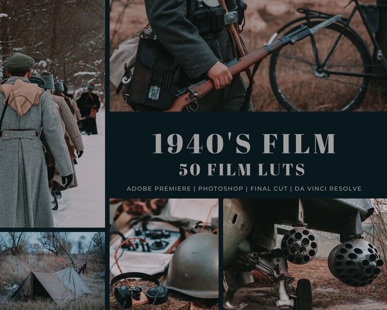 May include: A collage of images with a 1940's film theme. The images include a group of people in winter clothing, a soldier holding a rifle, a bicycle, a tent in a field, a vintage microphone, a military aircraft, and a text overlay that reads "1940'S FILM 50 FILM LUTS ADOBE PREMIERE | PHOTOSHOP | FINAL CUT | DA VINCI RESOLVE".
