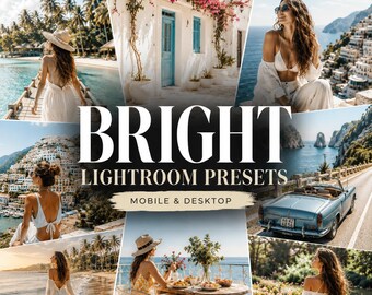 Puede incluir: Una colección digital de ajustes preestablecidos Bright Lightroom para móvil y escritorio que presenta un collage de fotografías de viajes que incluyen paisajes costeros, edificios blancos con buganvillas, escenas de playa y un coche descapotable azul.