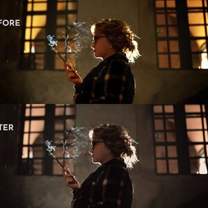 May include: A side profile of a person wearing glasses and a plaid shirt, holding a smoking object. The image is split, with "BEFORE" at the top and "AFTER" at the bottom, showing a photo edit. The background features windows with warm lighting.