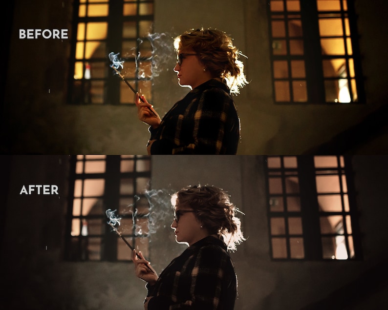 May include: A side profile of a person wearing glasses and a plaid shirt, holding a smoking object. The image is split, with "BEFORE" at the top and "AFTER" at the bottom, showing a photo edit. The background features windows with warm lighting.