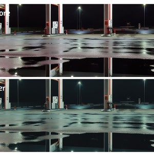 May include: A nighttime view of a gas station with two fuel pumps and a streetlight. The ground is wet from rain and reflects the lights. The gas station is empty.