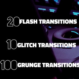 Pode incluir: Painel de controle preto com texto branco indicando 20 transi&ccedil;&otilde;es flash, 10 transi&ccedil;&otilde;es glitch e 100 transi&ccedil;&otilde;es grunge. O painel tem um mostrador grande e bot&otilde;es iluminados em azul.