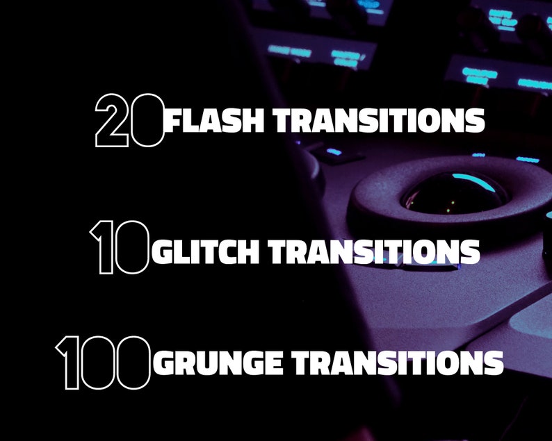 Pode incluir: Painel de controle preto com texto branco indicando 20 transi&ccedil;&otilde;es flash, 10 transi&ccedil;&otilde;es glitch e 100 transi&ccedil;&otilde;es grunge. O painel tem um mostrador grande e bot&otilde;es iluminados em azul.