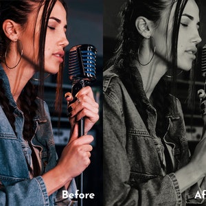 May include: A woman in a denim jacket holds a vintage microphone. The image is split, showing a color version on the left and a black and white version on the right. The text "Before" and "After" are at the bottom.