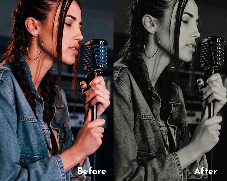 May include: A woman in a denim jacket holds a vintage microphone. The image is split, showing a color version on the left and a black and white version on the right. The text "Before" and "After" are at the bottom.