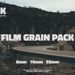 May include: A digital download of 4K film grain overlays in 8mm, 16mm, and 35mm styles. The overlays are compatible with Premiere Pro, DaVinci Resolve, Final Cut, Photoshop, After Effects, and more.