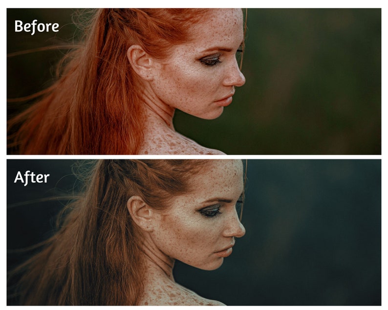 May include: A close-up of a woman with red hair and freckles. Her hair is pulled back from her face, and she is looking down. The background is a blurred green.