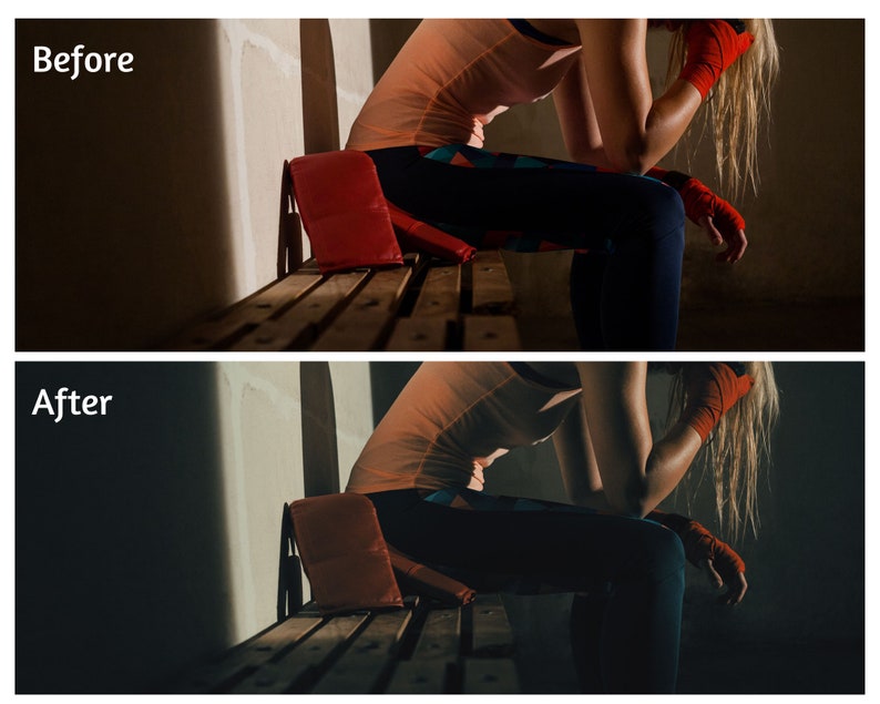 May include: A woman wearing red boxing wraps sits on a wooden bench in a dimly lit room. She is wearing a pink tank top and blue pants.