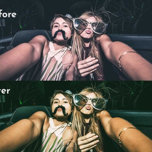 May include: Two friends in a car, taking a selfie. One is wearing a fake mustache and the other is wearing oversized sunglasses. They are both smiling and having fun.